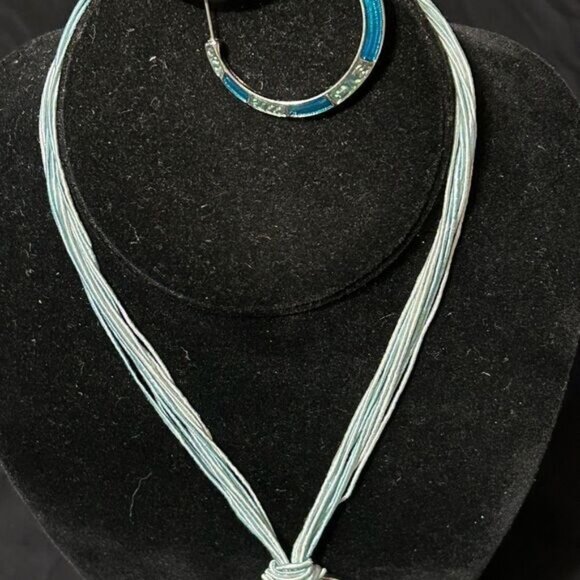 Lia Sophie Teal & Green Enamel Pendant Necklace & Hoop Earrings Set - Picture 2 of 11